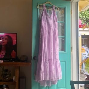 Free people lavender Grecian pleated gown with cross back, side zip, and pockets